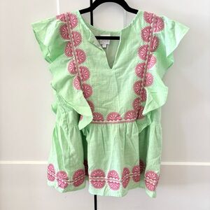 J. Marie Green Embroidered Cotton/Linen Top